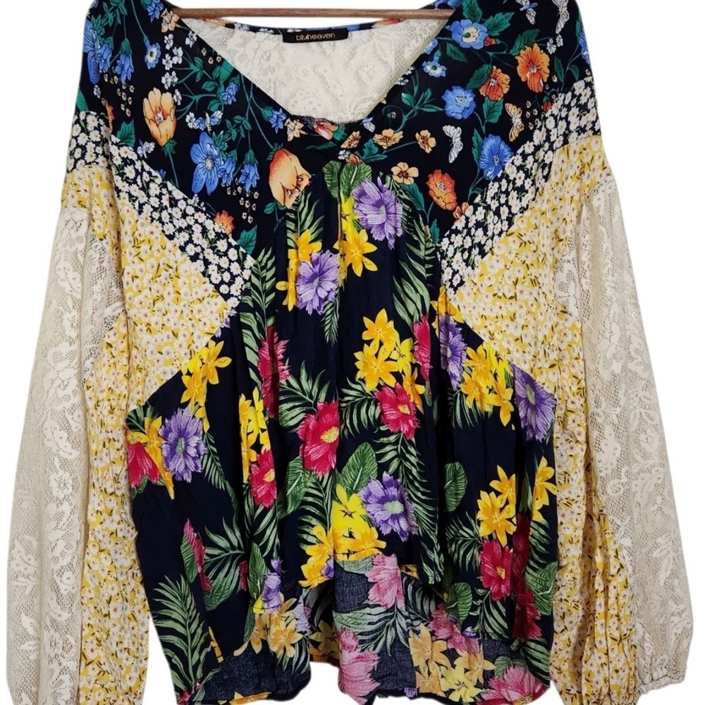 Blu Heaven Colorful Floral Patchwork Blouse with Lace Sleeves boho cottage core